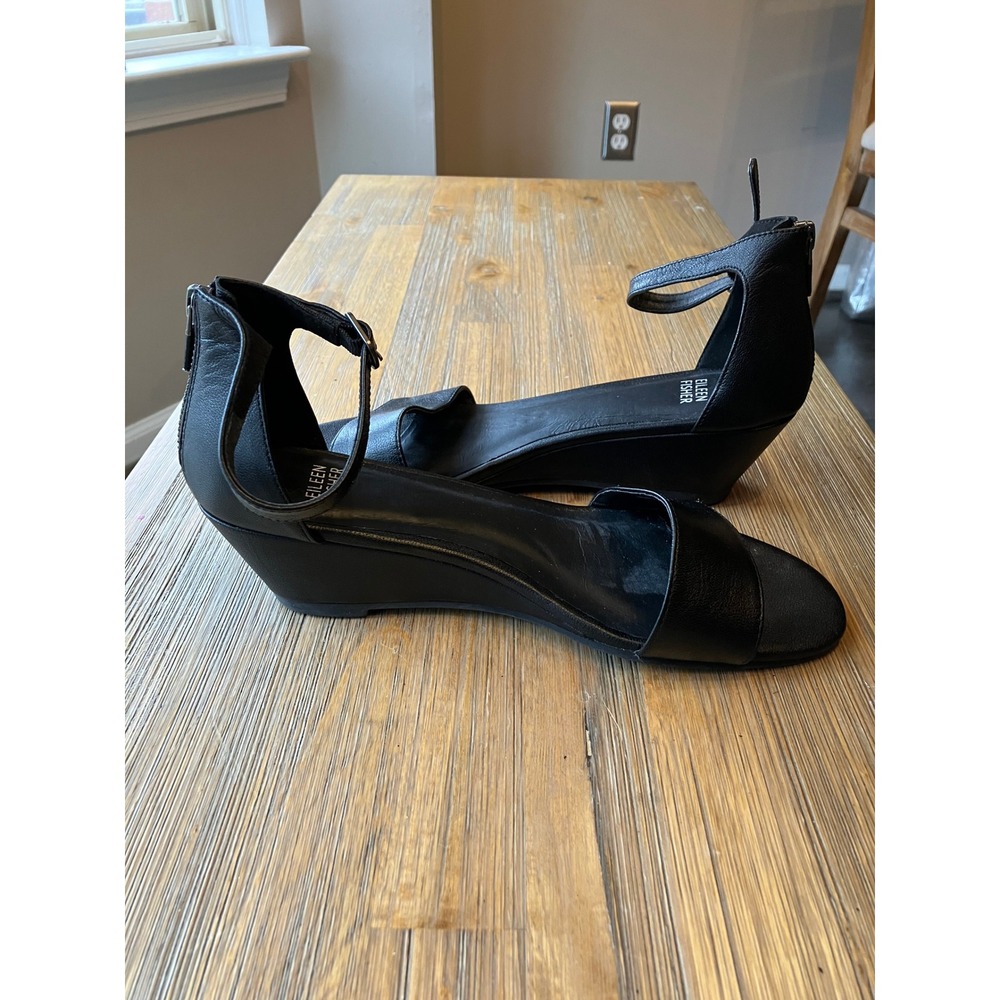 Eileen Fisher Mara Black Tumbled Leather Wedge Sandal Size 9.5 Preppy Dressy - Picture 4 of 9